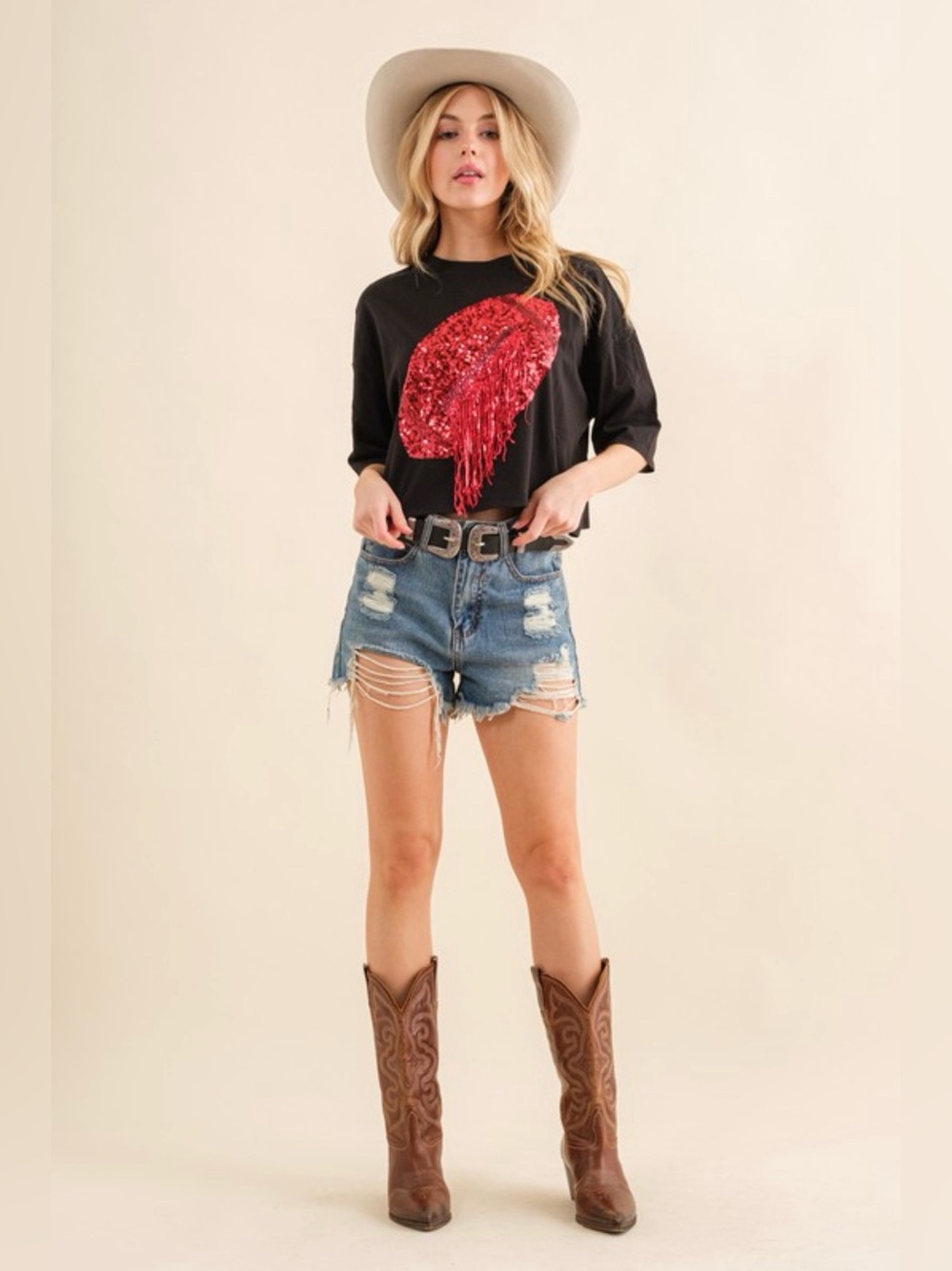 NWT Black Cropped Tee with Red Sequin Fringe Football Design Large Blue b - Picture 4 of 5